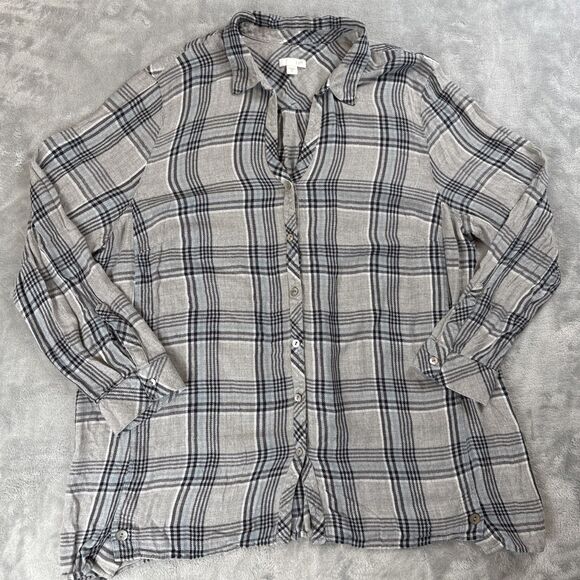 J. Jill Womens XL Plaid Flannel Shirt Blue Gray Rayon Soft Button Front Top - Picture 1 of 7